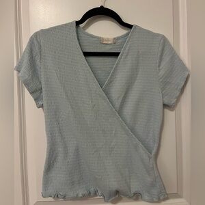 Baby blue ruffle v-neck wrap top
